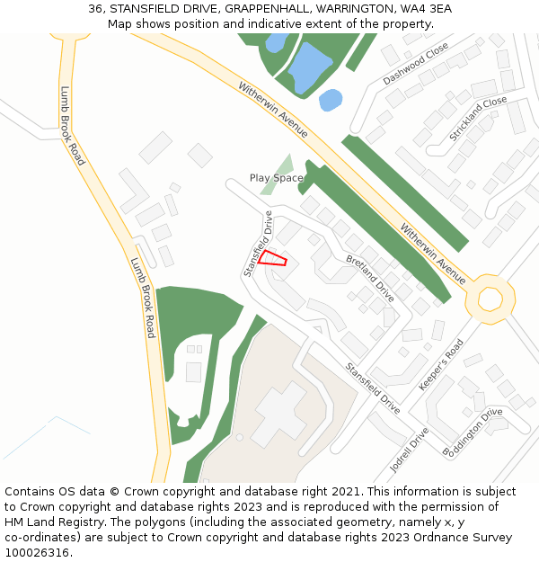 36, STANSFIELD DRIVE, GRAPPENHALL, WARRINGTON, WA4 3EA: Location map and indicative extent of plot