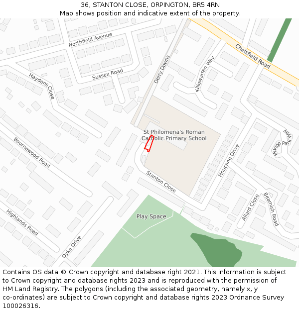 36, STANTON CLOSE, ORPINGTON, BR5 4RN: Location map and indicative extent of plot