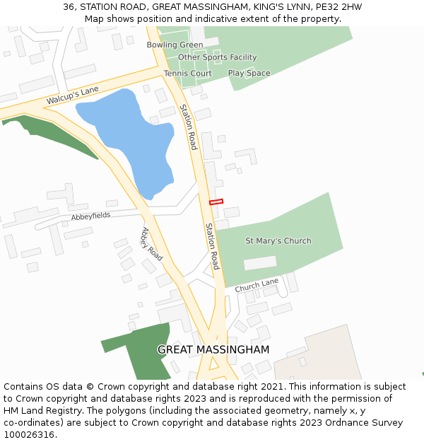 36, STATION ROAD, GREAT MASSINGHAM, KING'S LYNN, PE32 2HW: Location map and indicative extent of plot