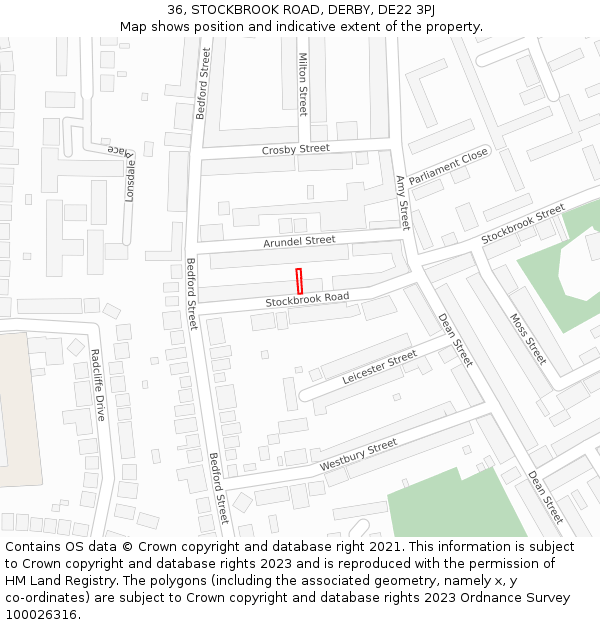 36, STOCKBROOK ROAD, DERBY, DE22 3PJ: Location map and indicative extent of plot