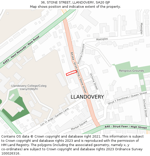 36, STONE STREET, LLANDOVERY, SA20 0JP: Location map and indicative extent of plot