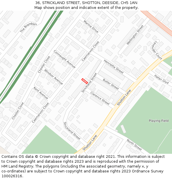 36, STRICKLAND STREET, SHOTTON, DEESIDE, CH5 1AN: Location map and indicative extent of plot