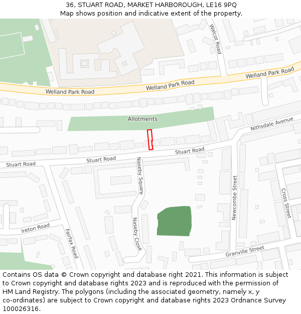36, STUART ROAD, MARKET HARBOROUGH, LE16 9PQ: Location map and indicative extent of plot