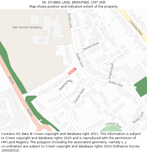 36, STUBBS LANE, BRAINTREE, CM7 3NR: Location map and indicative extent of plot