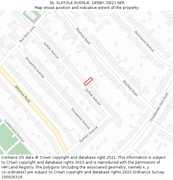 36, SUFFOLK AVENUE, DERBY, DE21 6ER: Location map and indicative extent of plot
