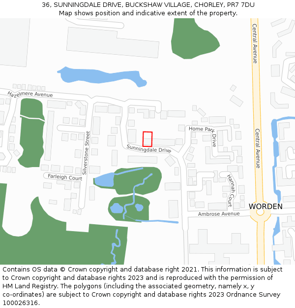 36, SUNNINGDALE DRIVE, BUCKSHAW VILLAGE, CHORLEY, PR7 7DU: Location map and indicative extent of plot