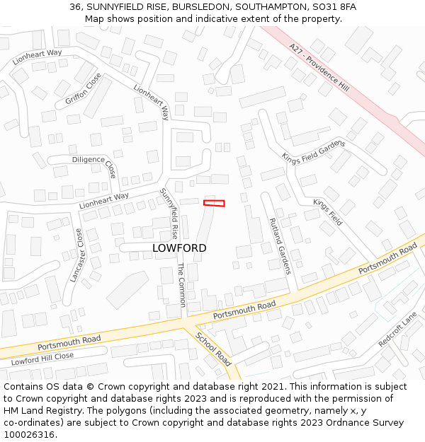 36, SUNNYFIELD RISE, BURSLEDON, SOUTHAMPTON, SO31 8FA: Location map and indicative extent of plot