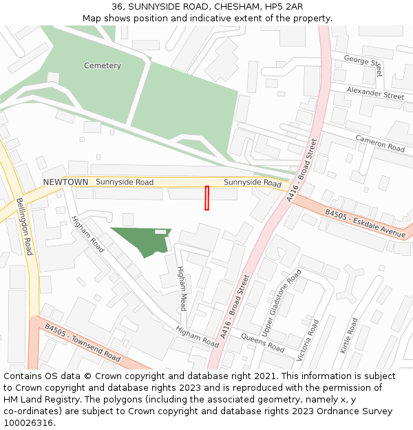36, SUNNYSIDE ROAD, CHESHAM, HP5 2AR: Location map and indicative extent of plot