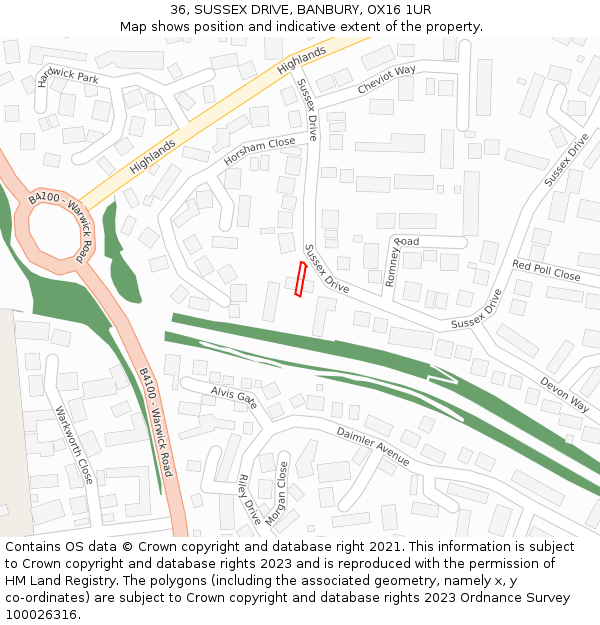 36, SUSSEX DRIVE, BANBURY, OX16 1UR: Location map and indicative extent of plot