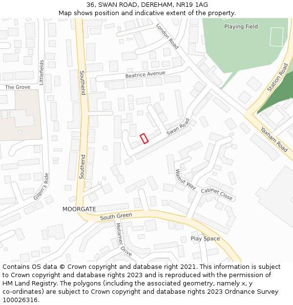 36, SWAN ROAD, DEREHAM, NR19 1AG: Location map and indicative extent of plot
