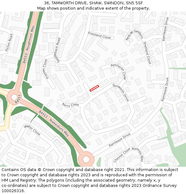 36, TAMWORTH DRIVE, SHAW, SWINDON, SN5 5SF: Location map and indicative extent of plot