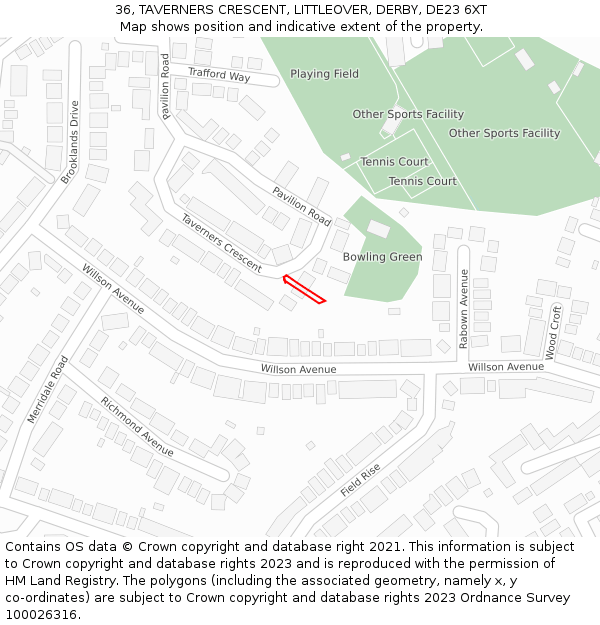36, TAVERNERS CRESCENT, LITTLEOVER, DERBY, DE23 6XT: Location map and indicative extent of plot