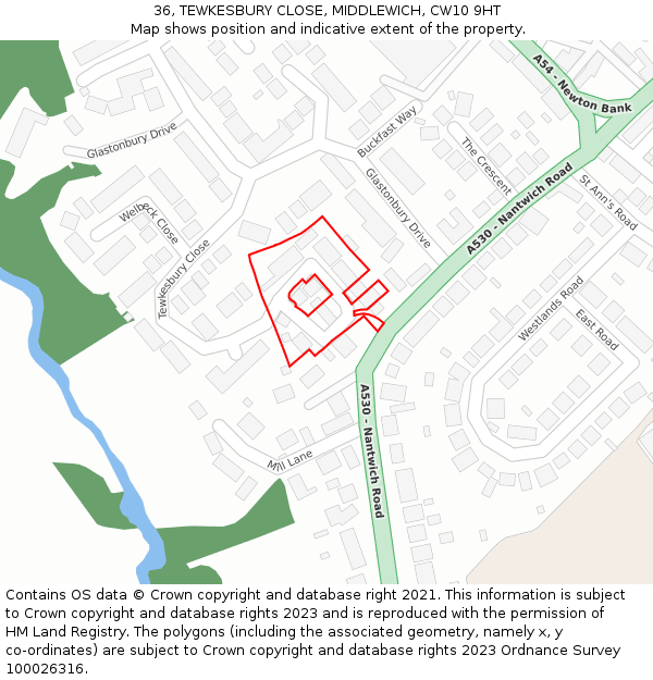 36, TEWKESBURY CLOSE, MIDDLEWICH, CW10 9HT: Location map and indicative extent of plot