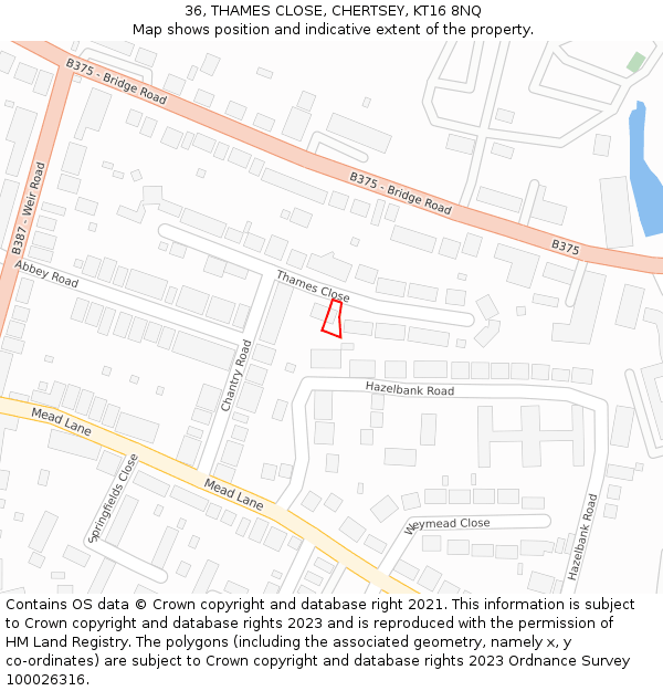 36, THAMES CLOSE, CHERTSEY, KT16 8NQ: Location map and indicative extent of plot