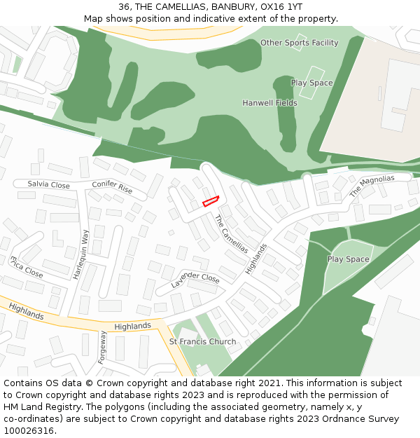 36, THE CAMELLIAS, BANBURY, OX16 1YT: Location map and indicative extent of plot