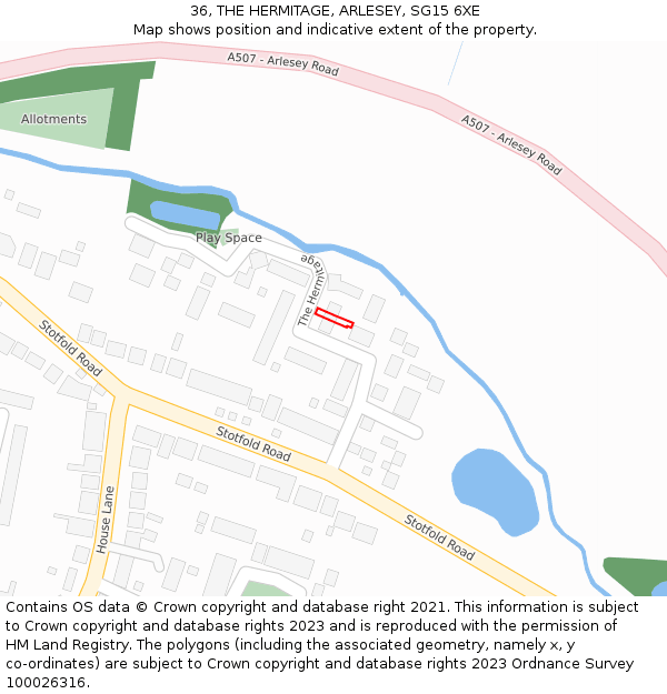 36, THE HERMITAGE, ARLESEY, SG15 6XE: Location map and indicative extent of plot