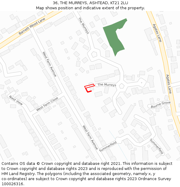 36, THE MURREYS, ASHTEAD, KT21 2LU: Location map and indicative extent of plot