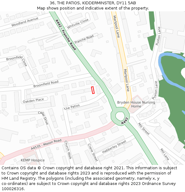 36, THE PATIOS, KIDDERMINSTER, DY11 5AB: Location map and indicative extent of plot