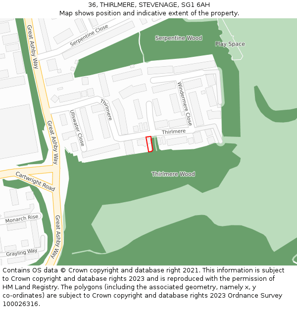 36, THIRLMERE, STEVENAGE, SG1 6AH: Location map and indicative extent of plot