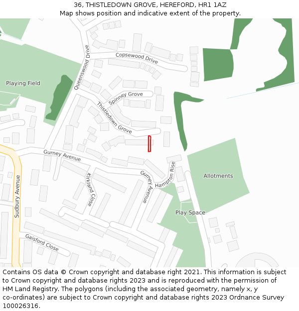 36, THISTLEDOWN GROVE, HEREFORD, HR1 1AZ: Location map and indicative extent of plot