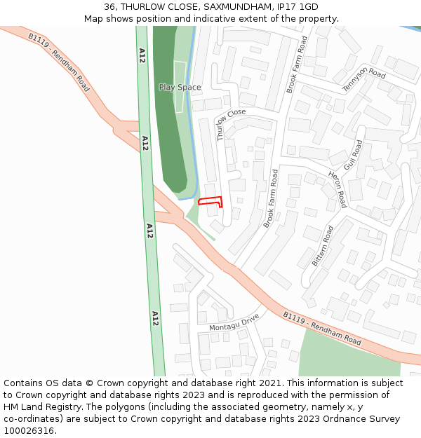 36, THURLOW CLOSE, SAXMUNDHAM, IP17 1GD: Location map and indicative extent of plot