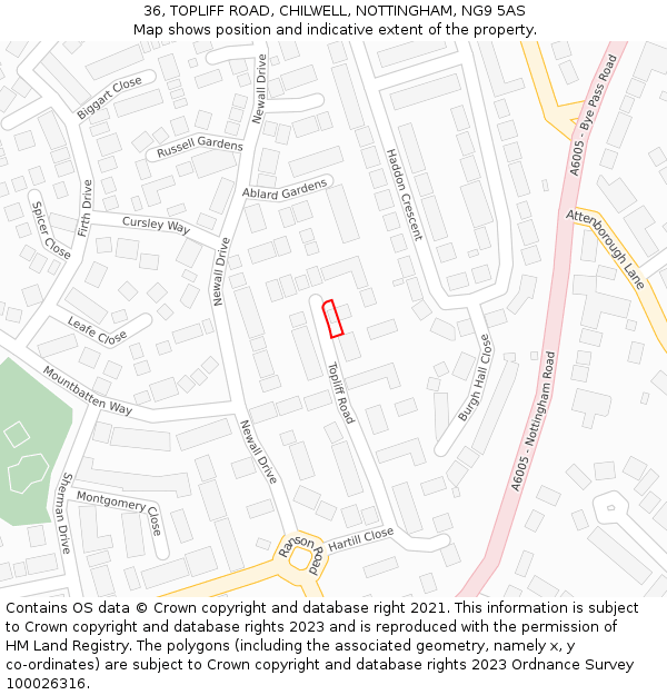 36, TOPLIFF ROAD, CHILWELL, NOTTINGHAM, NG9 5AS: Location map and indicative extent of plot
