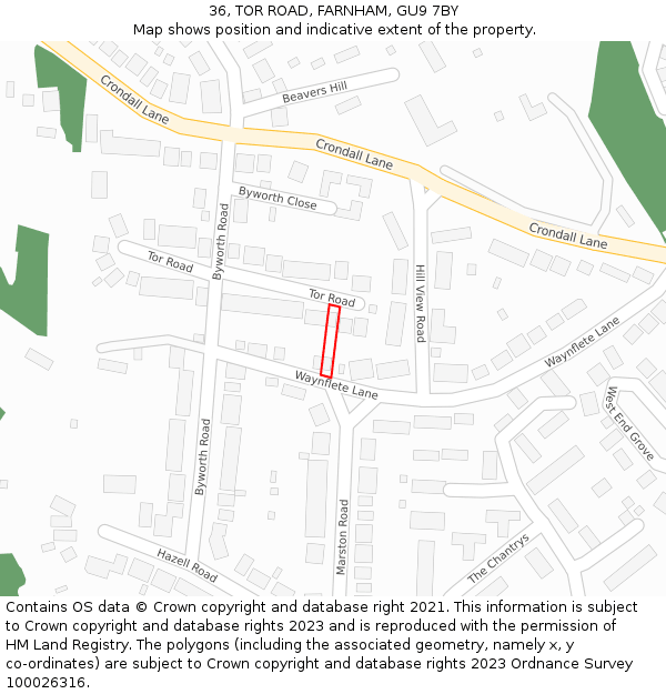 36, TOR ROAD, FARNHAM, GU9 7BY: Location map and indicative extent of plot