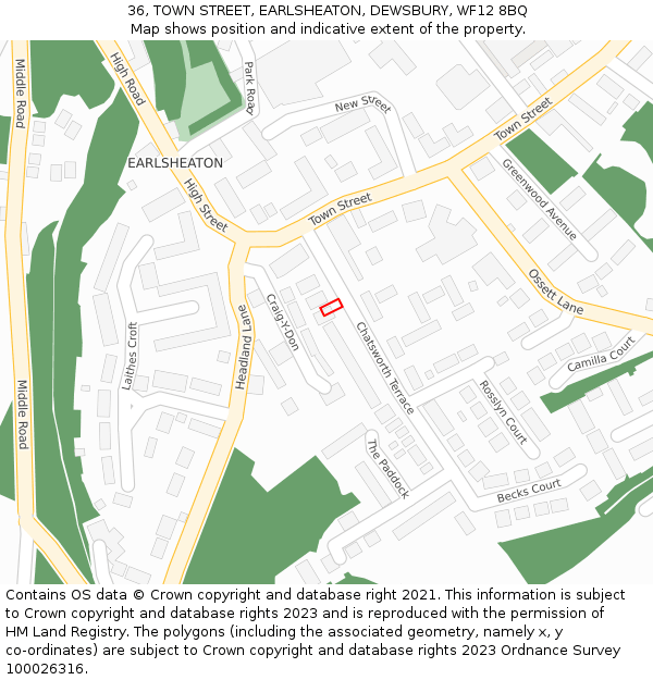 36, TOWN STREET, EARLSHEATON, DEWSBURY, WF12 8BQ: Location map and indicative extent of plot