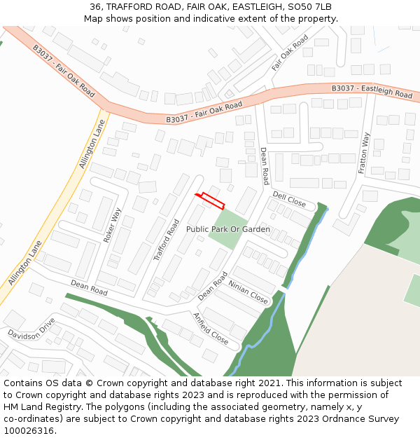36, TRAFFORD ROAD, FAIR OAK, EASTLEIGH, SO50 7LB: Location map and indicative extent of plot