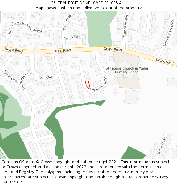36, TRAHERNE DRIVE, CARDIFF, CF5 4UL: Location map and indicative extent of plot