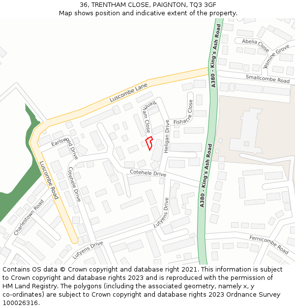 36, TRENTHAM CLOSE, PAIGNTON, TQ3 3GF: Location map and indicative extent of plot