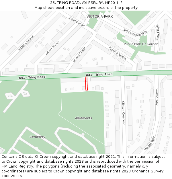 36, TRING ROAD, AYLESBURY, HP20 1LF: Location map and indicative extent of plot