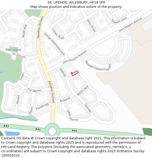 36, UPENDE, AYLESBURY, HP18 0FR: Location map and indicative extent of plot