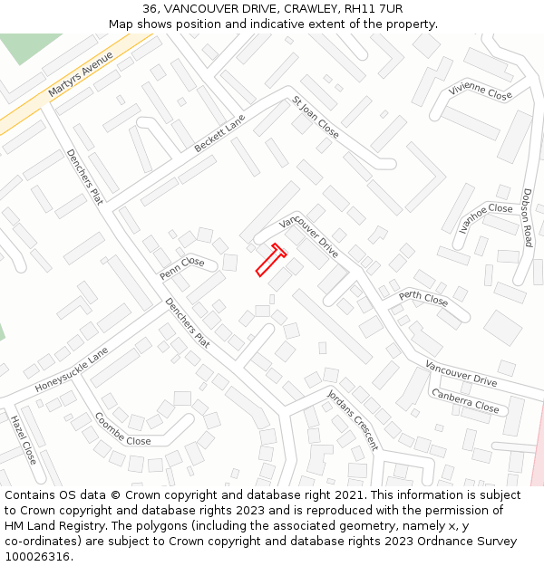36, VANCOUVER DRIVE, CRAWLEY, RH11 7UR: Location map and indicative extent of plot