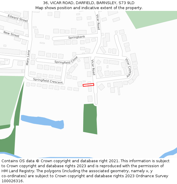 36, VICAR ROAD, DARFIELD, BARNSLEY, S73 9LD: Location map and indicative extent of plot
