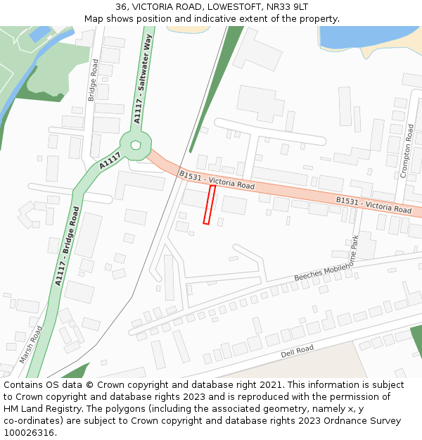 36, VICTORIA ROAD, LOWESTOFT, NR33 9LT: Location map and indicative extent of plot