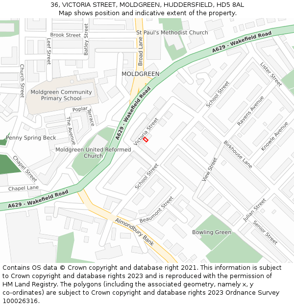 36, VICTORIA STREET, MOLDGREEN, HUDDERSFIELD, HD5 8AL: Location map and indicative extent of plot