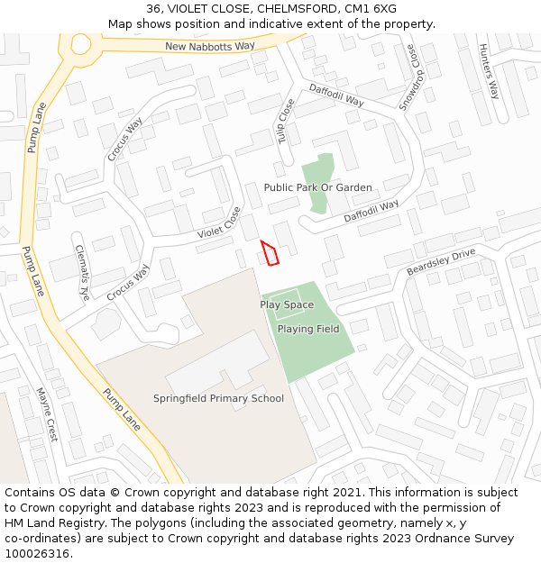 36, VIOLET CLOSE, CHELMSFORD, CM1 6XG: Location map and indicative extent of plot