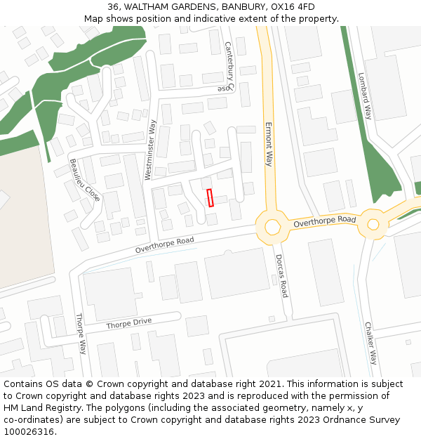 36, WALTHAM GARDENS, BANBURY, OX16 4FD: Location map and indicative extent of plot