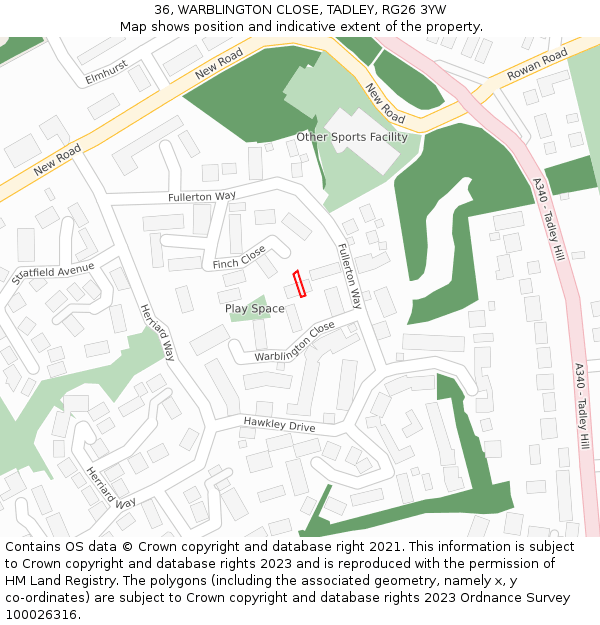 36, WARBLINGTON CLOSE, TADLEY, RG26 3YW: Location map and indicative extent of plot