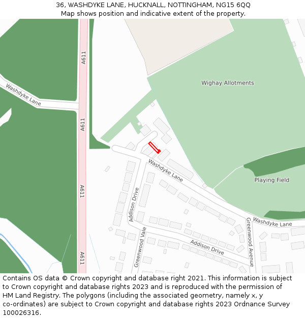 36, WASHDYKE LANE, HUCKNALL, NOTTINGHAM, NG15 6QQ: Location map and indicative extent of plot