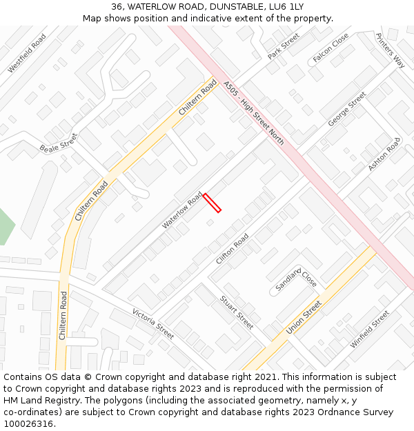 36, WATERLOW ROAD, DUNSTABLE, LU6 1LY: Location map and indicative extent of plot