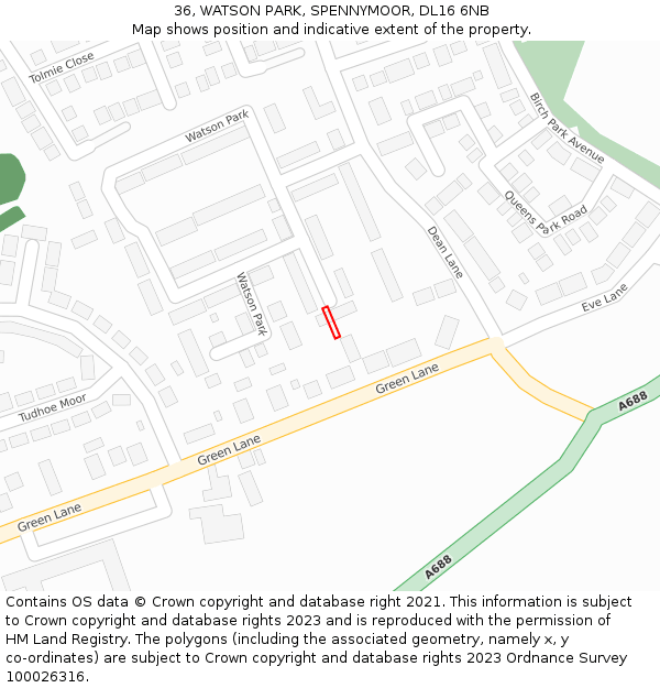36, WATSON PARK, SPENNYMOOR, DL16 6NB: Location map and indicative extent of plot