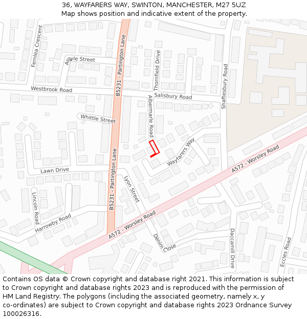 36, WAYFARERS WAY, SWINTON, MANCHESTER, M27 5UZ: Location map and indicative extent of plot