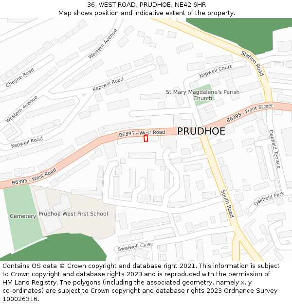 36, WEST ROAD, PRUDHOE, NE42 6HR: Location map and indicative extent of plot