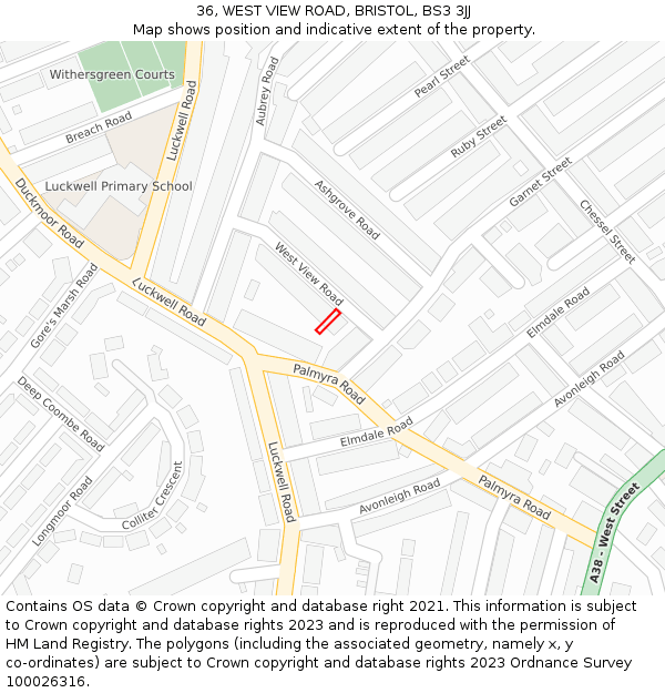 36, WEST VIEW ROAD, BRISTOL, BS3 3JJ: Location map and indicative extent of plot