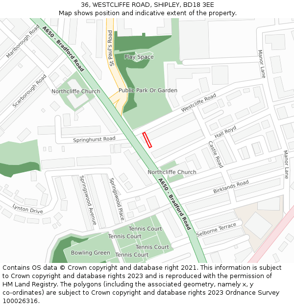 36, WESTCLIFFE ROAD, SHIPLEY, BD18 3EE: Location map and indicative extent of plot