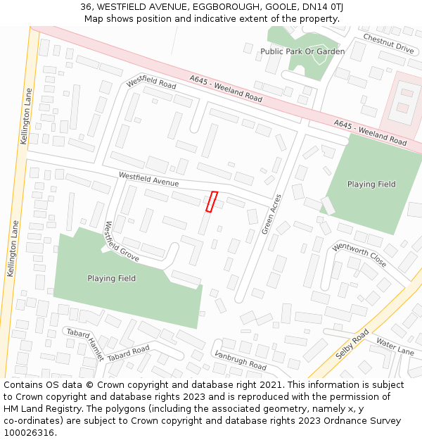 36, WESTFIELD AVENUE, EGGBOROUGH, GOOLE, DN14 0TJ: Location map and indicative extent of plot