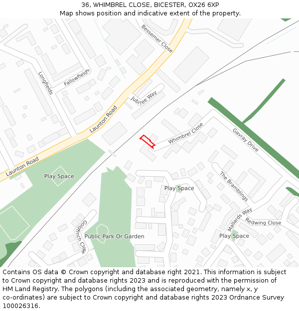 36, WHIMBREL CLOSE, BICESTER, OX26 6XP: Location map and indicative extent of plot