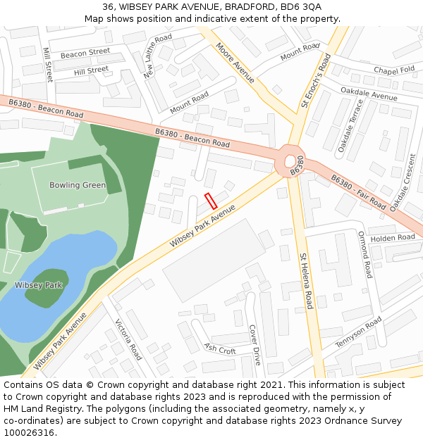 36, WIBSEY PARK AVENUE, BRADFORD, BD6 3QA: Location map and indicative extent of plot